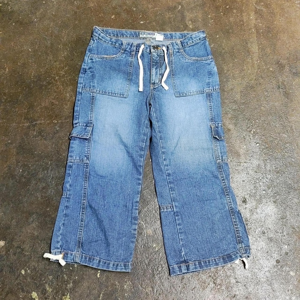 Y2K old navy low rise cargo Capri drawstring denim blue jeans button flaps VTG